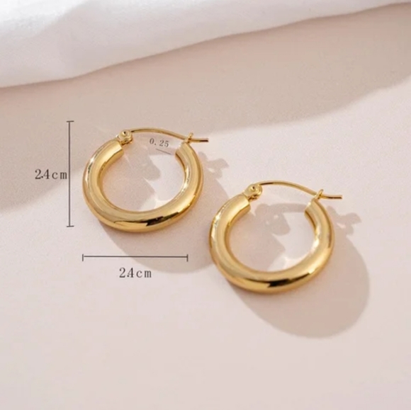 18k Gold plated Circle Earrings, Tube Hoop Earrings, Thick Hoops - Picture 4 of 5